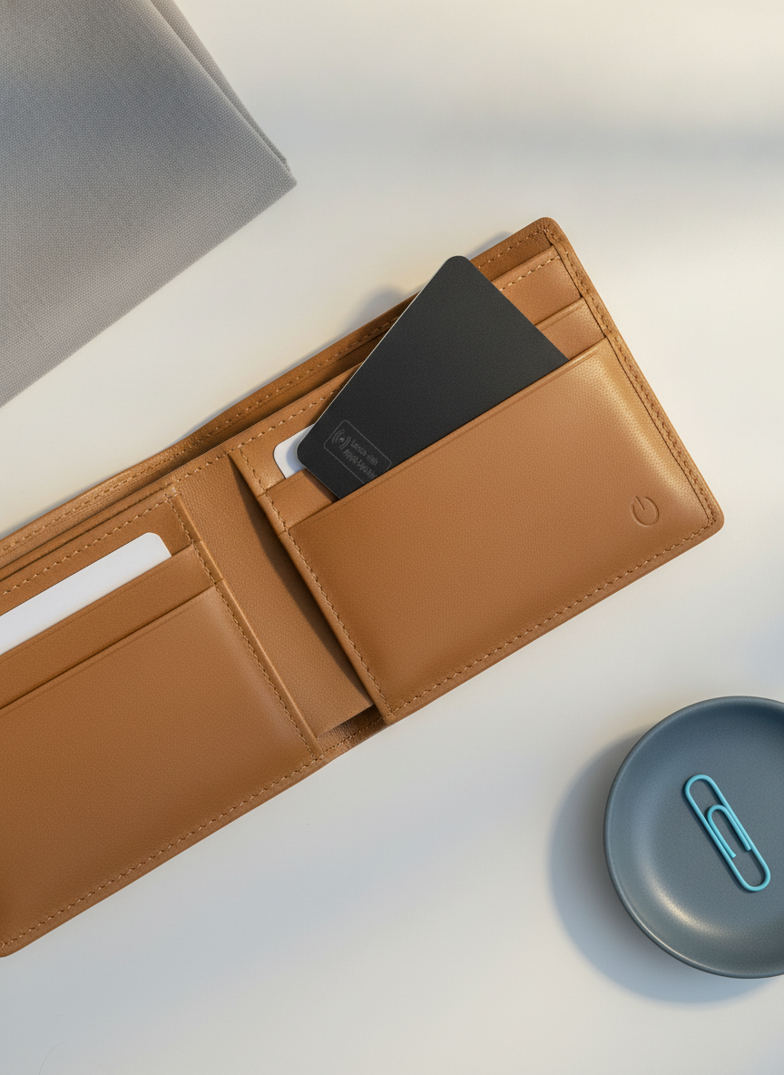 Close-up, flat-lay image of a slim MFi GPS Wallet Tracker Card partially tucked into a brown leather wallet on a warm, clean 