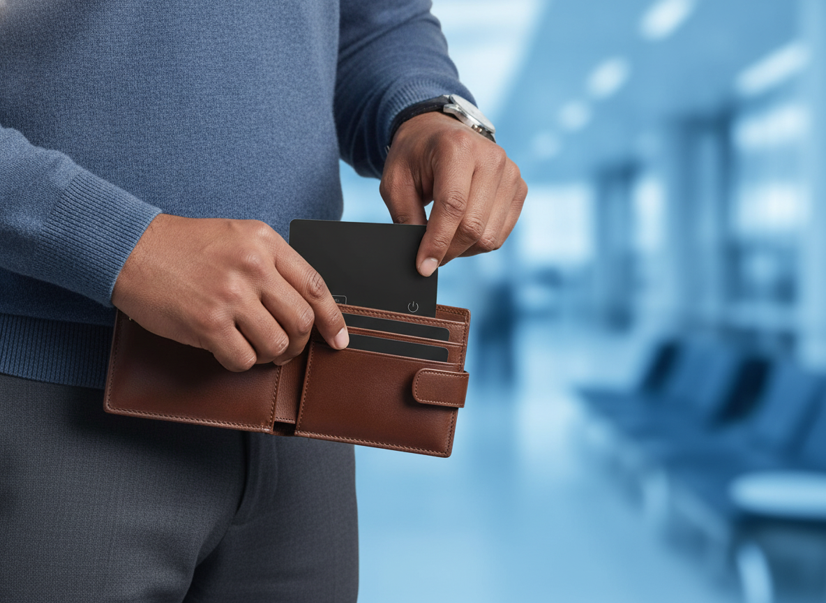 A diverse businessperson in smart casual attire inserts a slim MFi GPS Wallet Tracker Card into a brown leather wallet in an 