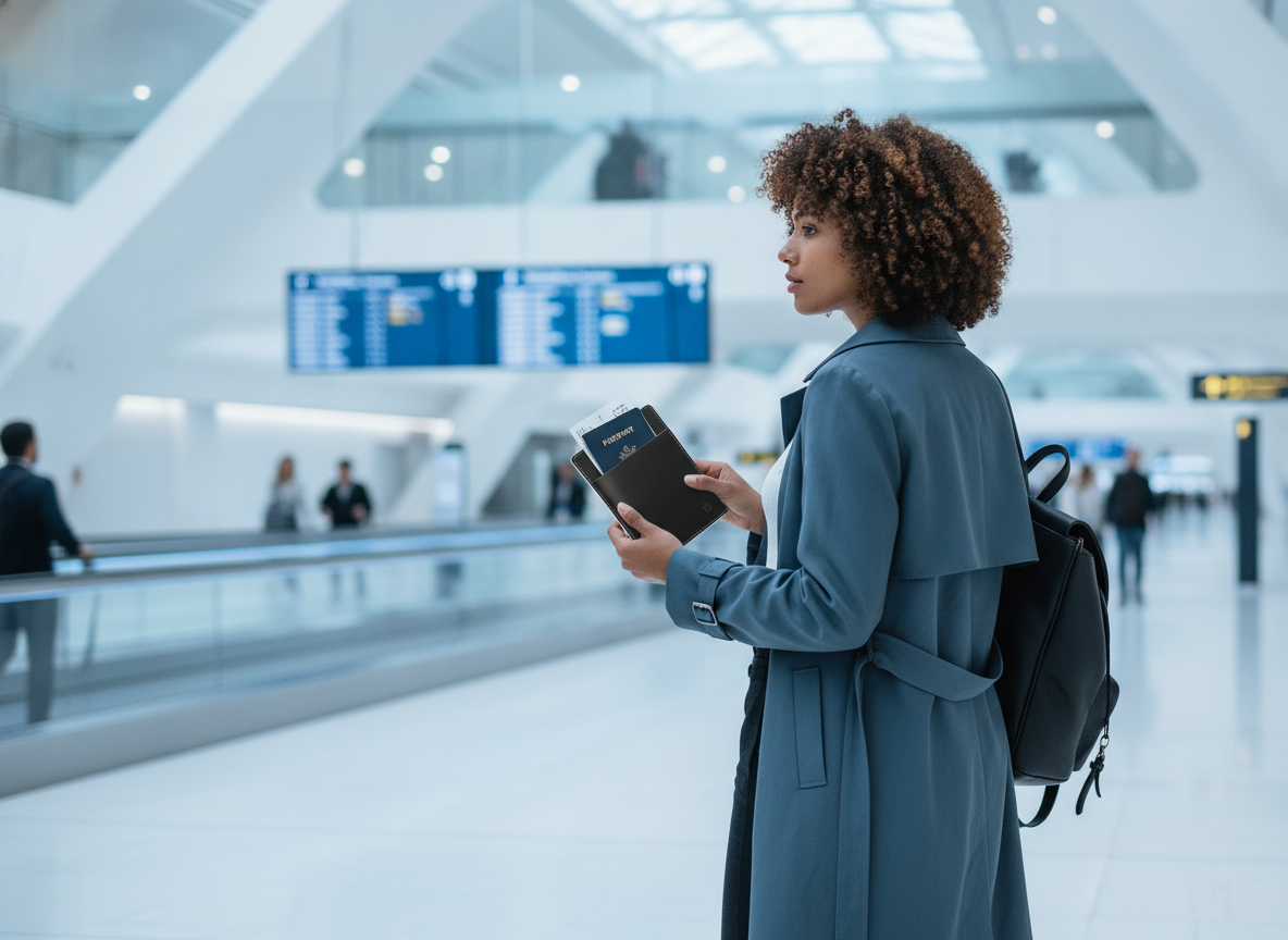 A person walks through a busy international airport terminal, holding a passport holder with the MFi GPS Wallet Tracker Card 