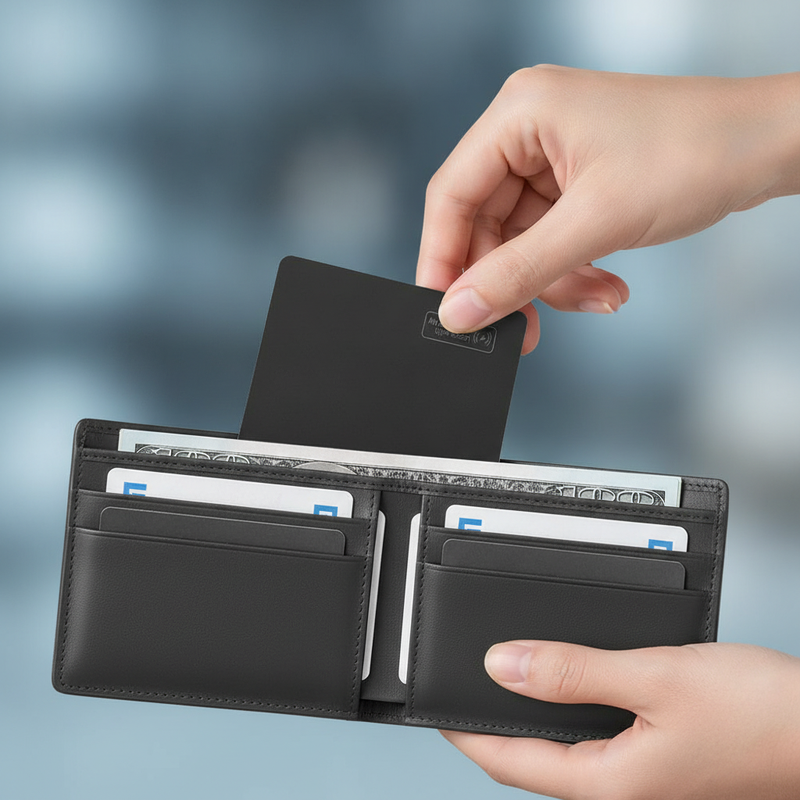 A person's hand slides a thin, black MFi GPS Wallet Tracker Card into a black wallet. The card is very slim.