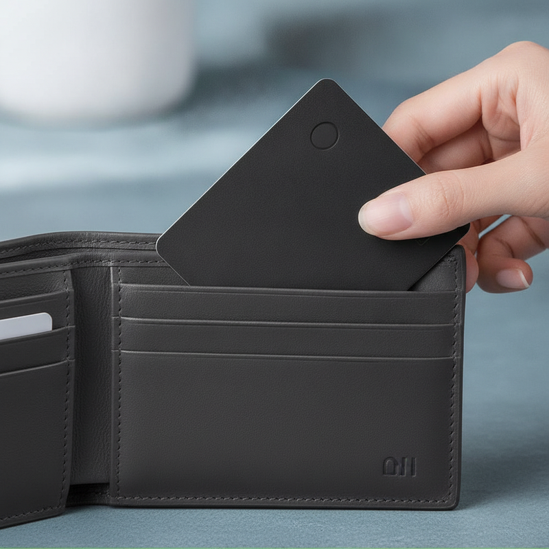 Close-up of the MFi GPS Wallet Tracker Card with a matte finish, discreetly tucked into a dark wallet.